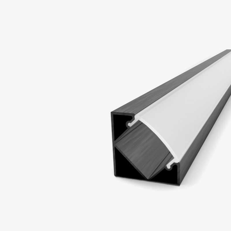 Crni kutni aluminijski profil za LED traku opalno bijeli difuzor 19.0 x 19.0 mm